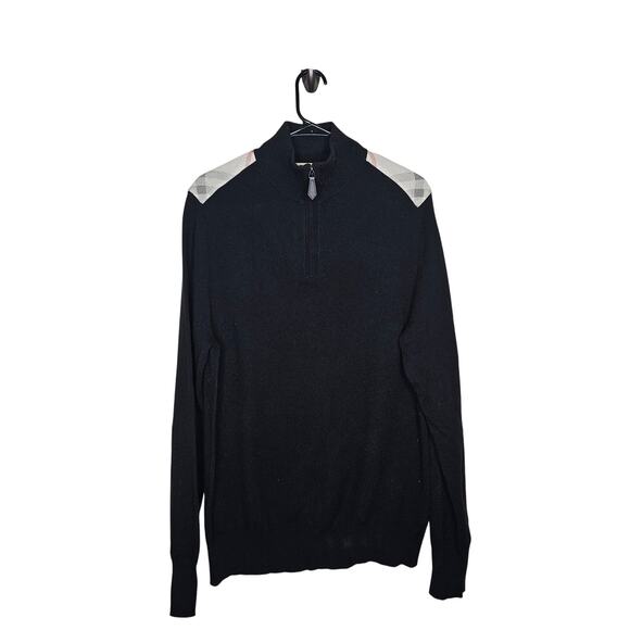 Burberry Brit mens L black cashmere 1/4 zip sweater nova check shoulder patches - Picture 1 of 5